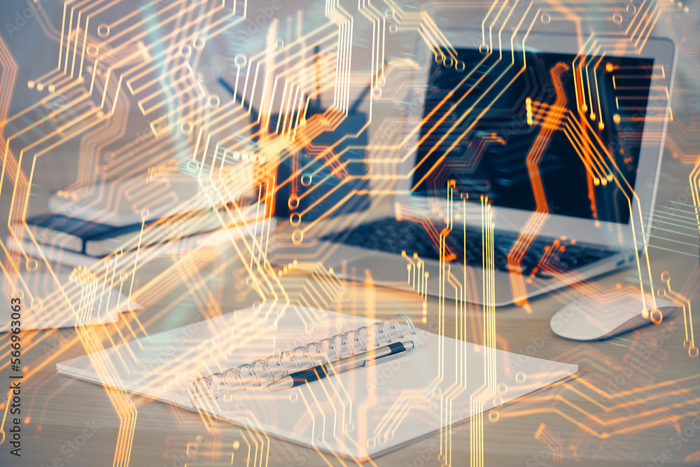 Poster Computer on desktop in office with technology theme hologram. Multi exposure. Tech concept.