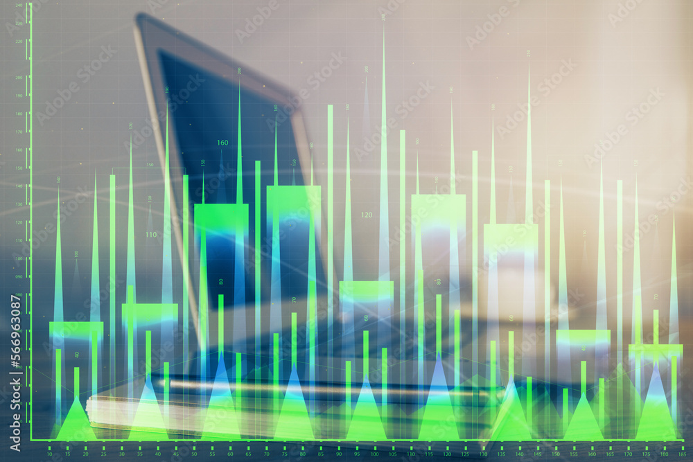 Poster financial market graph hologram and personal computer on background. multi exposure. concept of fore