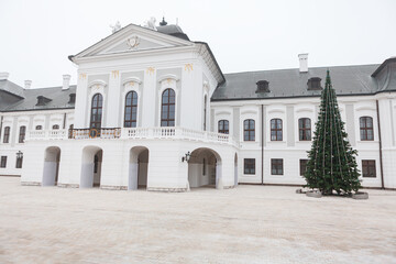 Facade of Presidential Palace in Bratislava Slovakia . Christmas tree in Slovakia
