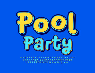 Vector bright emblem Pool Party. Funny Bright Font. Playful style Alphabet Letters and Numbers