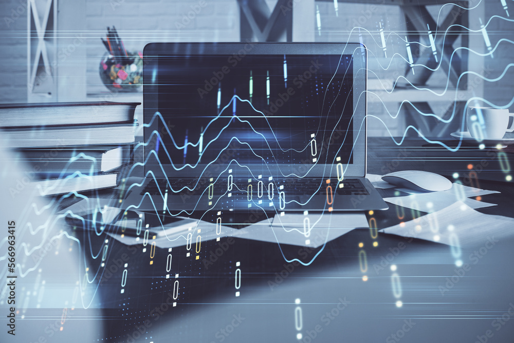 Poster financial market graph hologram and personal computer on background. multi exposure. concept of fore