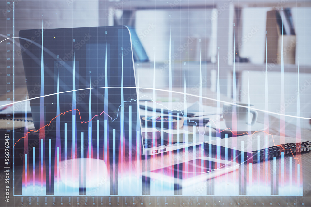 Poster financial market graph hologram and personal computer on background. double exposure. concept of for