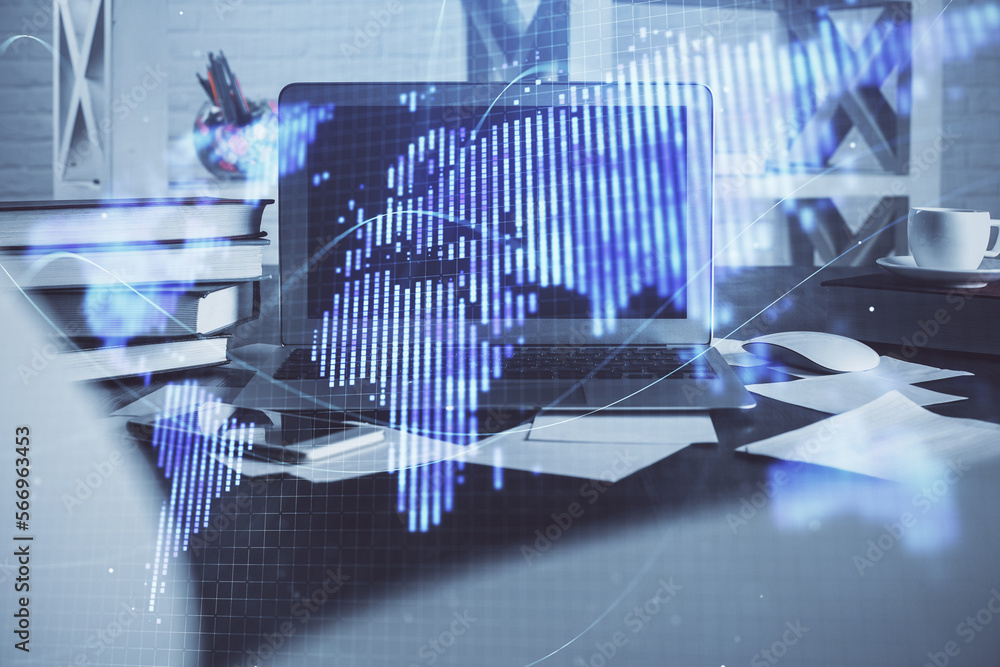 Aufkleber Multi exposure of business theme icons and table with computer background. Concept of success.