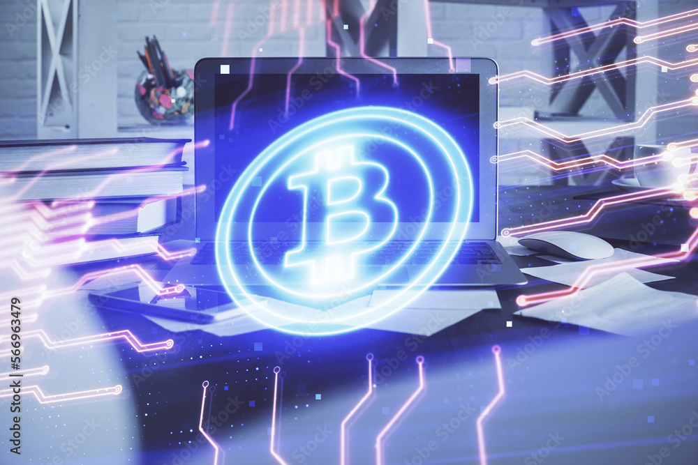 Poster Multi exposure of blockchain theme hologram and table with computer background. Concept of bitcoin crypto currency.