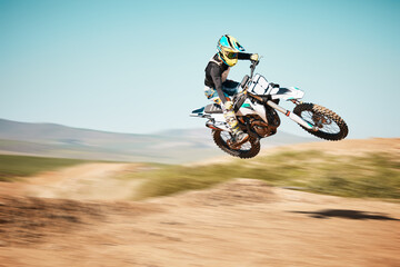 Motorcross, air jump and offroad sports with motion blur, speed challenge or desert. Driver,...