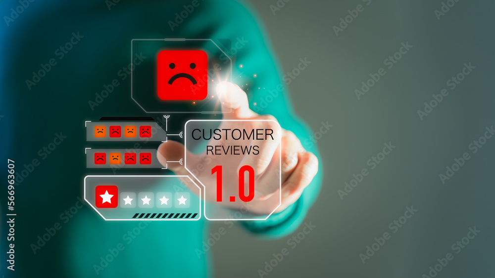 Poster man give negative reviews for customer satisfaction surveys. one star rating assessment for testimon