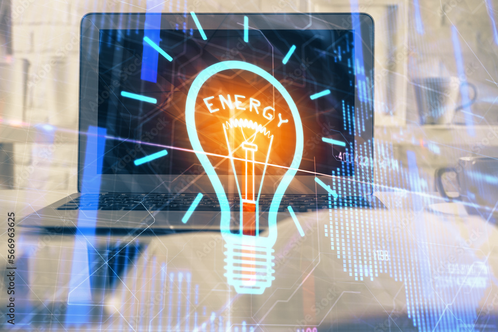 Poster computer on desktop in office with bulb icon hologram. multi exposure. concept of idea.