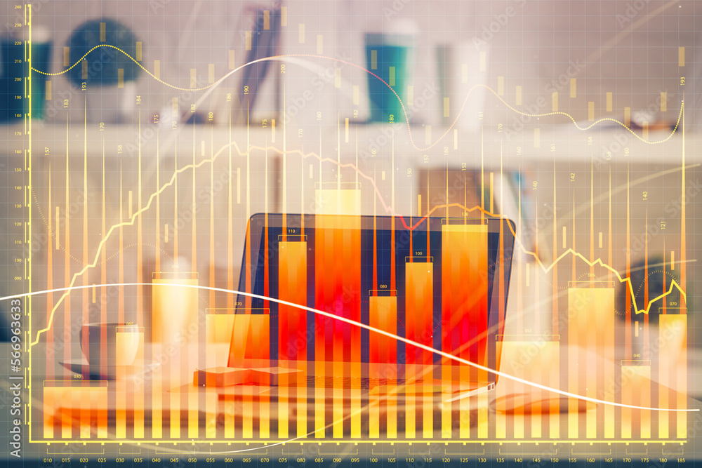 Poster financial market graph hologram and personal computer on background. double exposure. concept of for