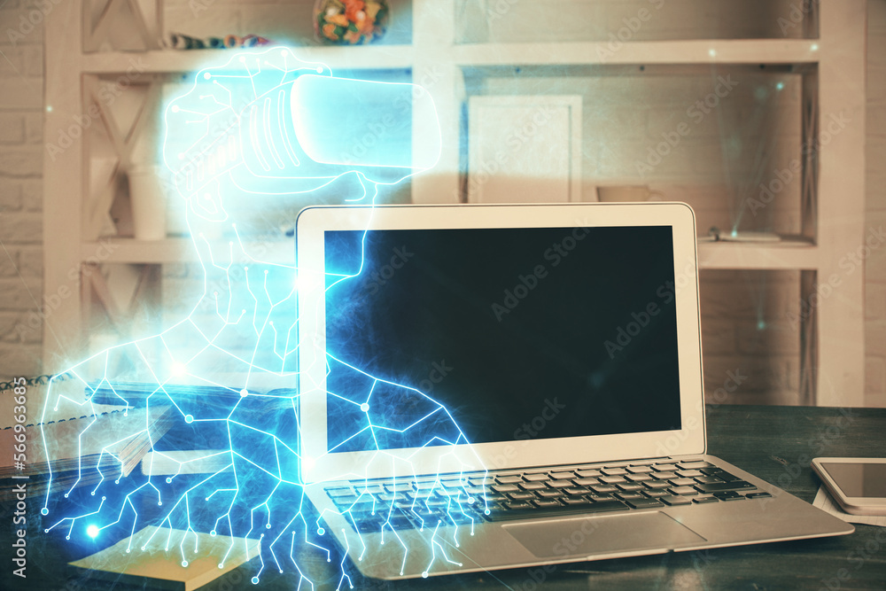 Aufkleber computer on desktop with ar theme icon. multi exposure. concept of augmented reality.