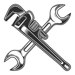 Vintage body shop service car and truck mechanic repair tool crossed wrench or construction for gas and builder plumbing pipe adjustable spanner illustration