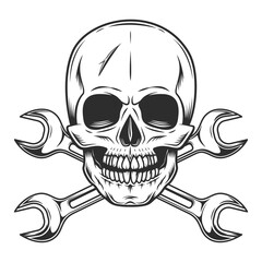 Vintage skull with body shop service car and truck mechanic repair tool crossed wrench or construction for gas and builder plumbing pipe spanner illustration