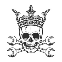 Vintage skull in royal crown with body shop service car and truck mechanic repair tool crossed wrench or construction for gas and builder plumbing pipe spanner illustration