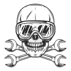 Vintage skull in glasses with body shop service car and truck mechanic repair tool crossed wrench or construction for gas and builder plumbing pipe spanner illustration