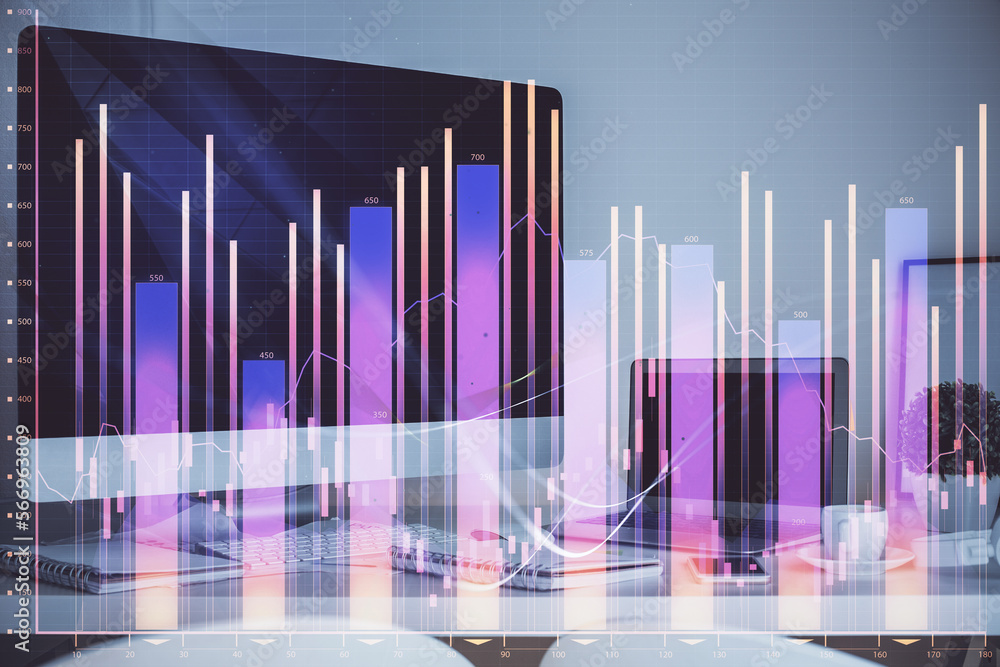 Poster financial market graph hologram and personal computer on background. double exposure. concept of for