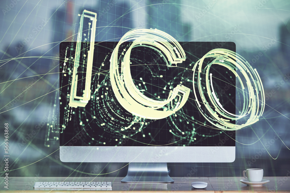 Poster Multi exposure of blockchain theme hologram and table with computer background. Concept of bitcoin crypto currency.