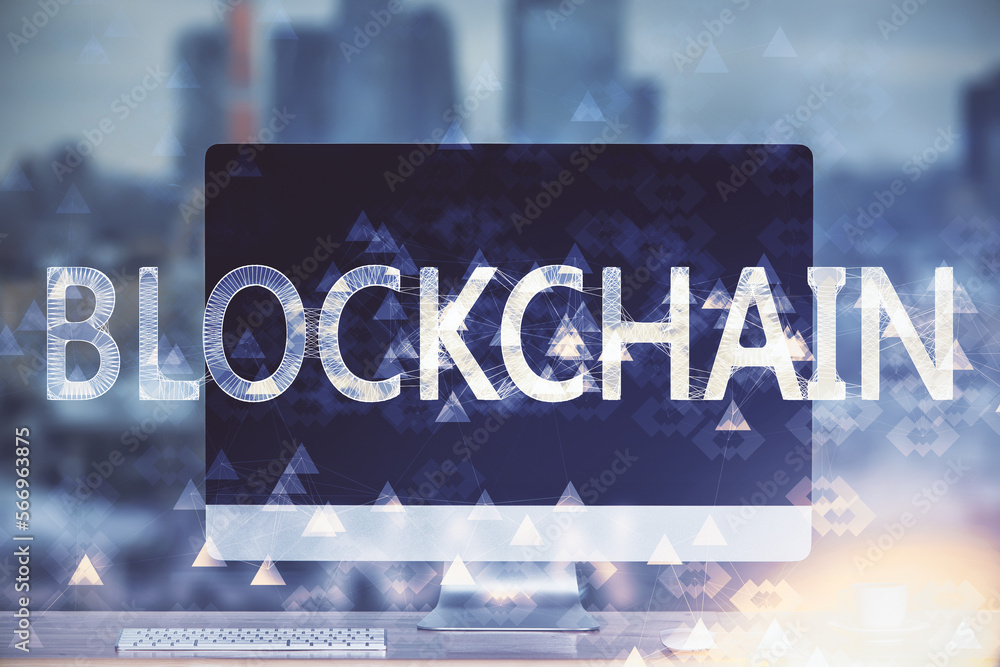 Poster Multi exposure of blockchain theme hologram and table with computer background. Concept of bitcoin crypto currency.