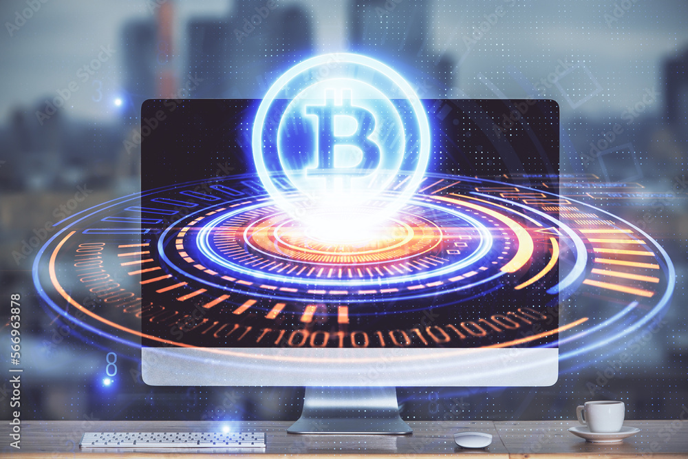 Poster Multi exposure of blockchain theme hologram and table with computer background. Concept of bitcoin crypto currency.
