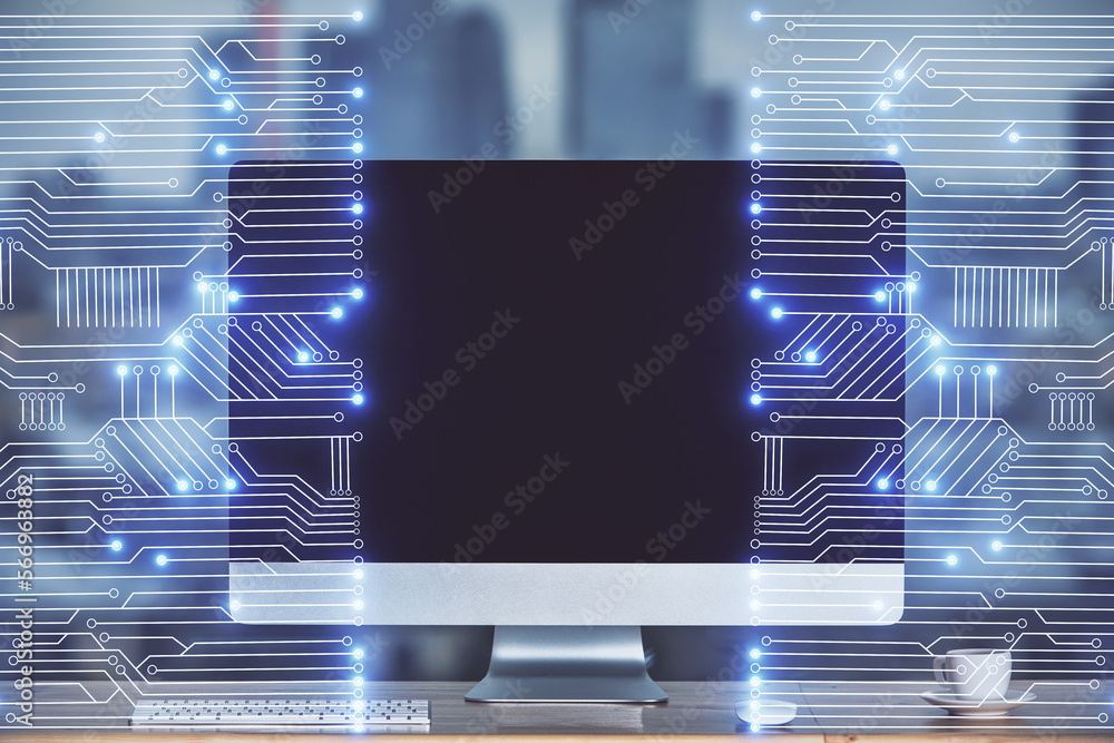 Poster computer on desktop in office with technology theme hologram. multi exposure. tech concept.