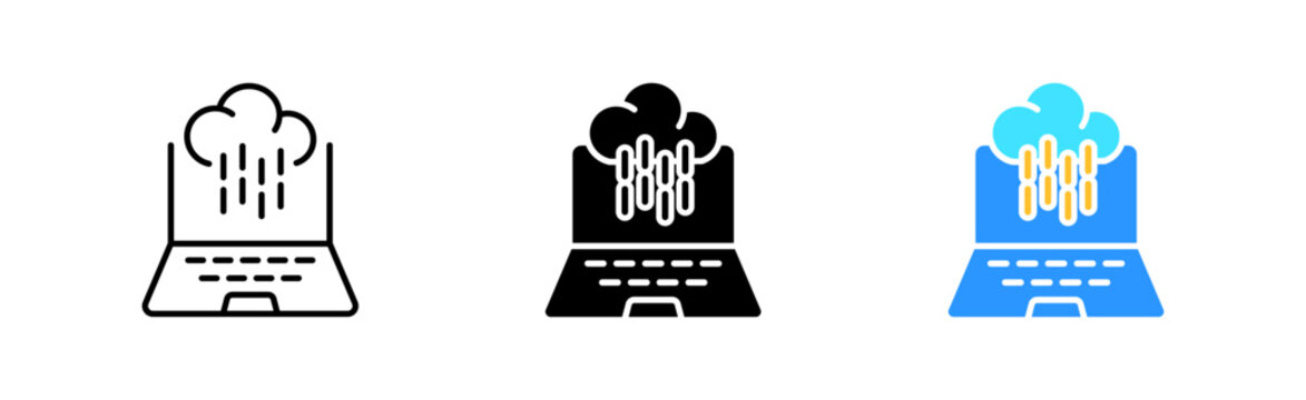 Cloud storage icons set. Computer, application, database, server, file upload, internet, information, file sharing, button, media. technology concept. vector line icon in different styles