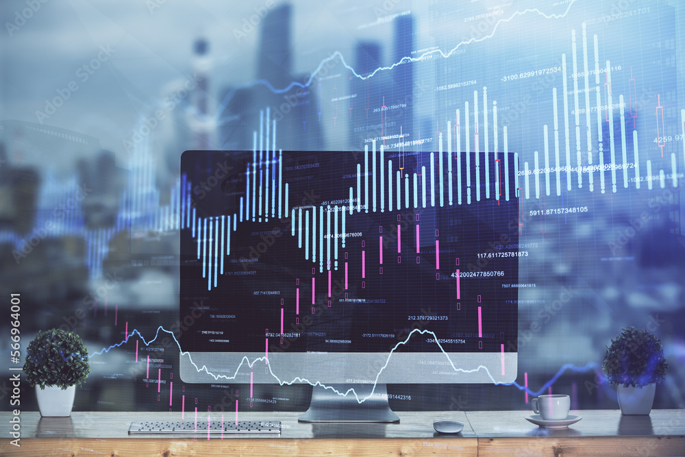 Poster financial market graph hologram and personal computer on background. double exposure. concept of for