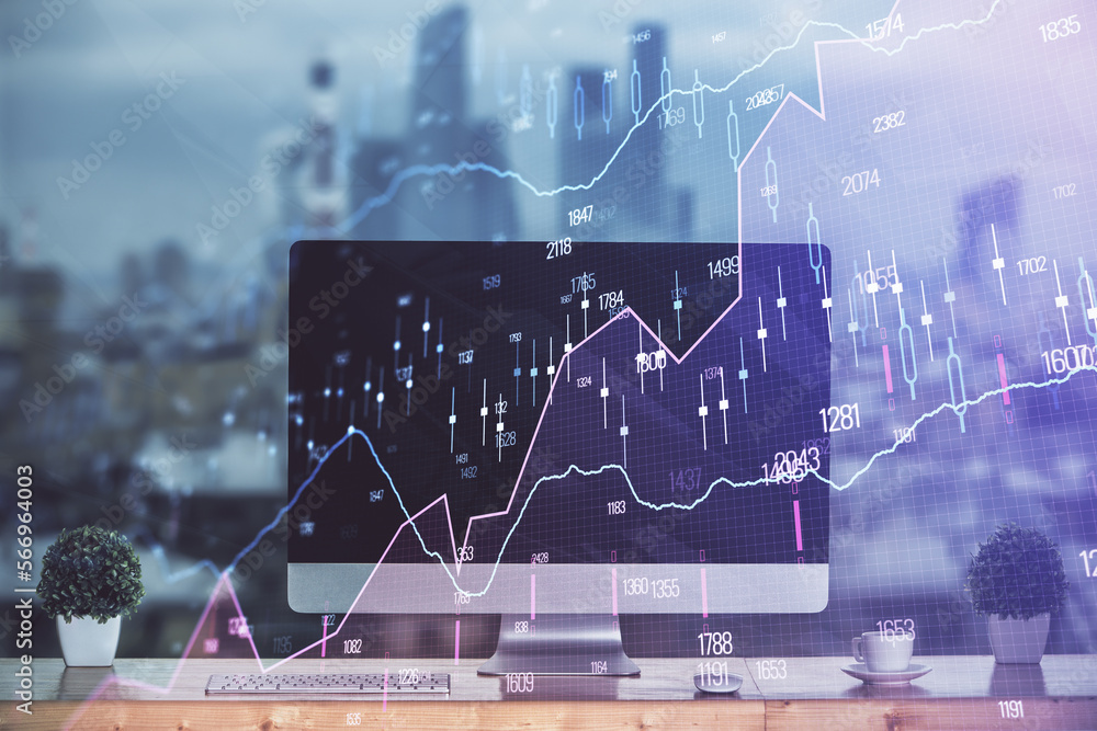 Poster financial market graph hologram and personal computer on background. multi exposure. concept of fore