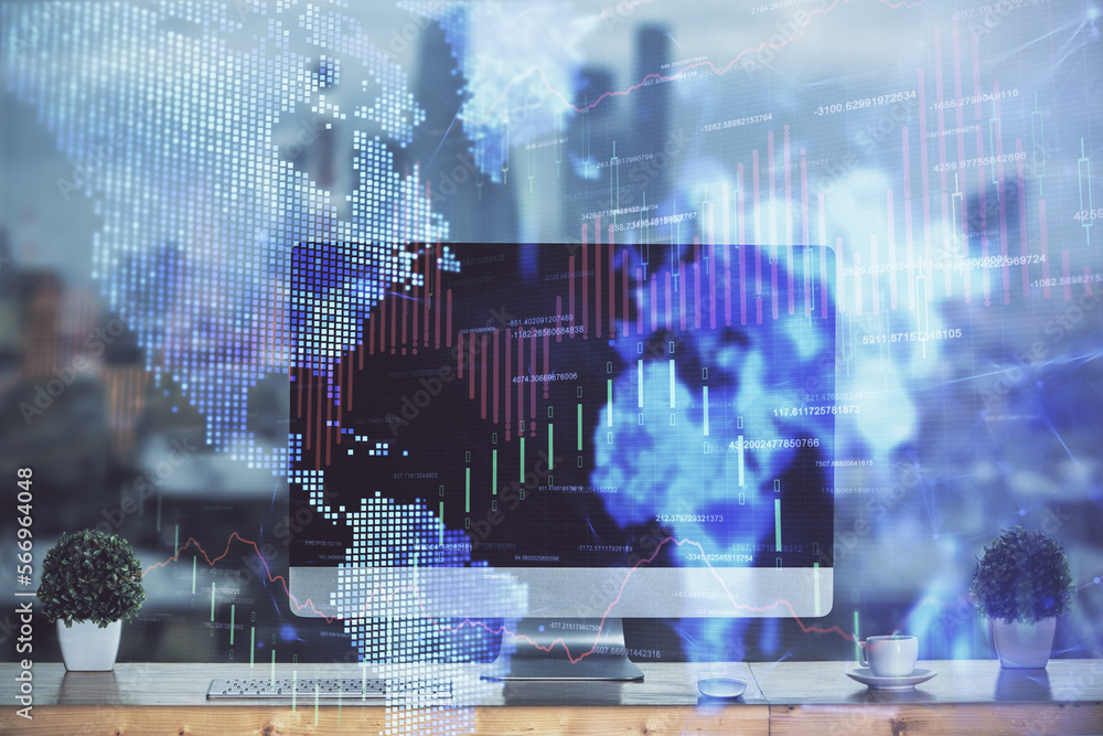 Poster financial market graph hologram and personal computer on background. multi exposure. concept of fore