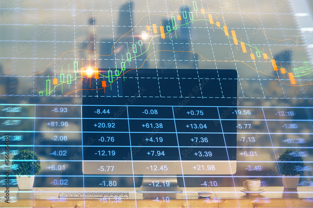 Poster financial market graph hologram and personal computer on background. double exposure. concept of for