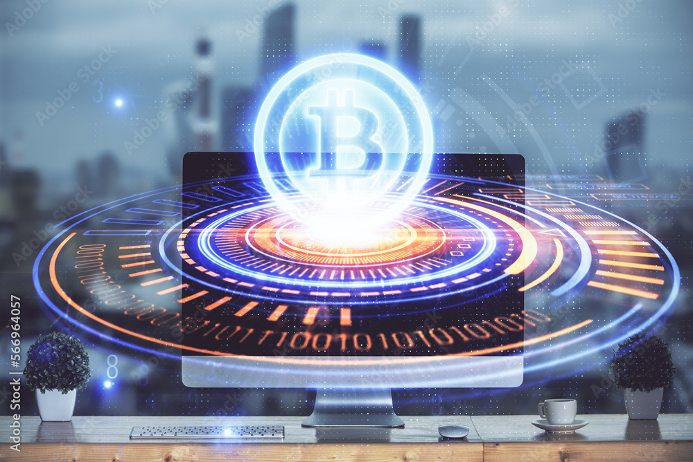 Poster Multi exposure of blockchain theme hologram and table with computer background. Concept of bitcoin crypto currency.