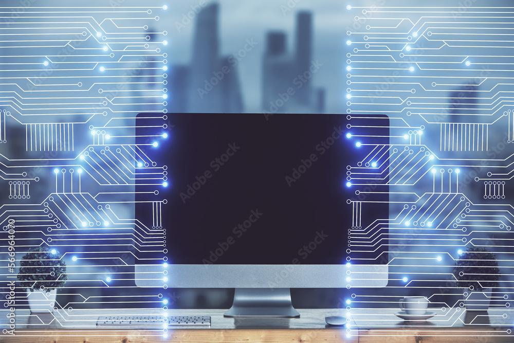 Poster computer on desktop in office with technology theme hologram. multi exposure. tech concept.