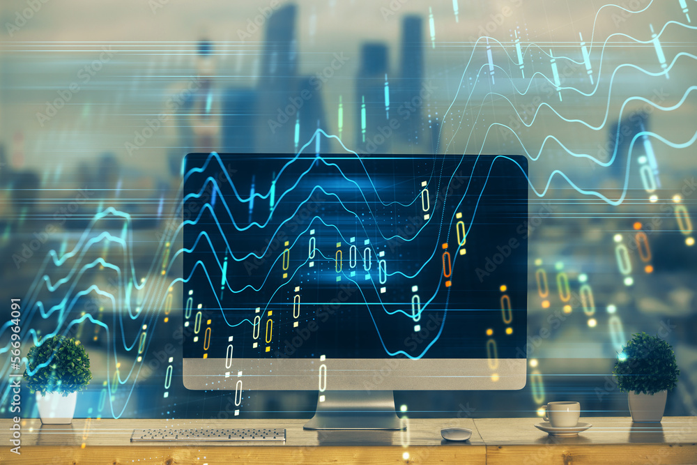 Poster financial market graph hologram and personal computer on background. multi exposure. concept of fore