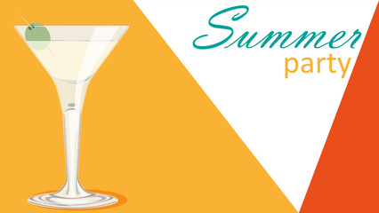 Bright summer poster, background with a martini glass and an olive. The inscription 