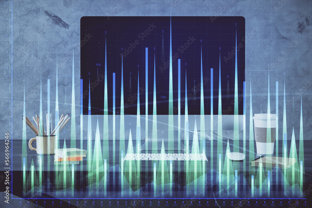 Poster financial market graph hologram and personal computer on background. multi exposure. concept of fore