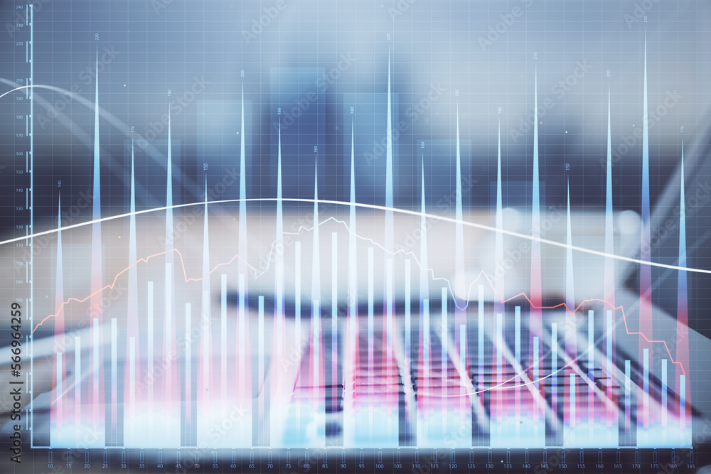 Poster financial market graph hologram and personal computer on background. multi exposure. concept of fore