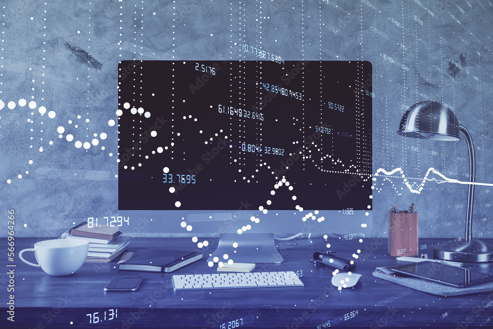Poster Technology theme drawing and table with computer. Double exposure. Concept of information.