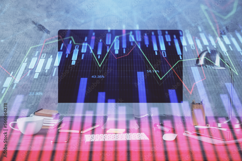 Poster financial market graph hologram and personal computer on background. double exposure. concept of for