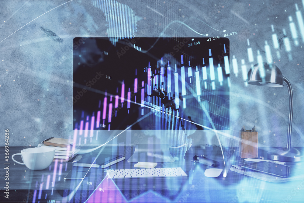Poster financial market graph hologram and personal computer on background. multi exposure. concept of fore