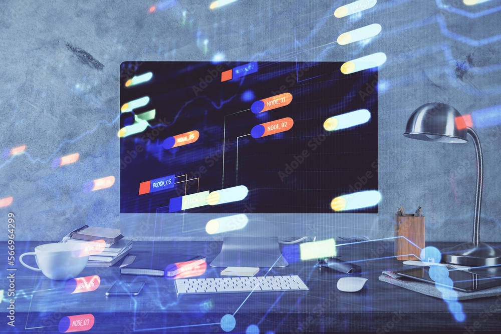Aufkleber technology theme drawing and table with computer. double exposure. concept of information.