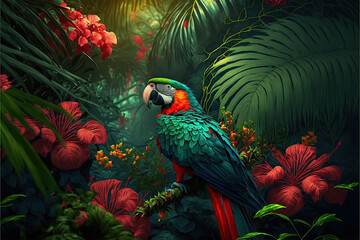 Green tropical jungle with brightly coloured flowers and birds.  Generative AI.