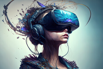 Woman in VR Glasses in cyberspace AI metaverse concept, virtual reality futuristic technology art 