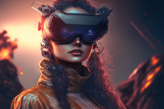 Woman in VR Glasses in cypberspace AI metaverse concept, virtual reality futuristic technology art 
