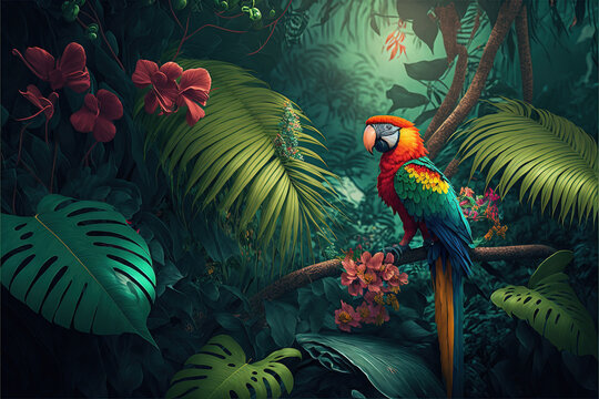 Green tropical jungle with brightly coloured flowers and birds.  Generative AI.