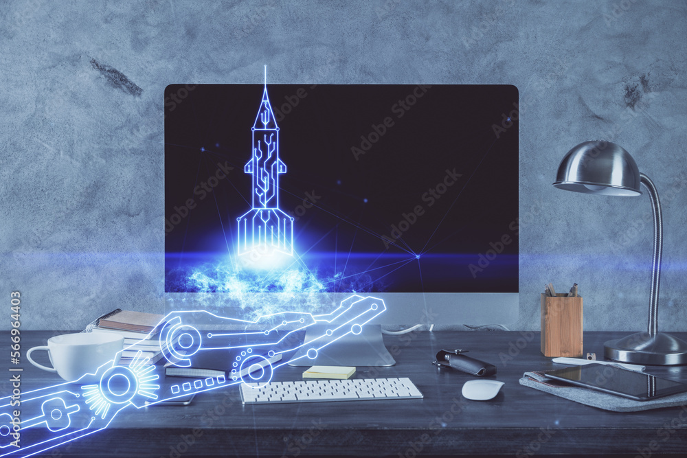 Poster desktop computer background in office and start up theme hologram drawing. double exposure. startup 