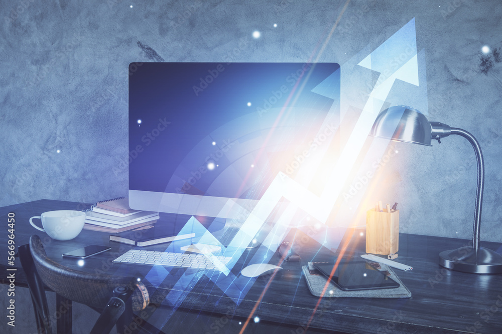 Aufkleber computer on desktop with point up arrows hologram. double exposure. concept of success.
