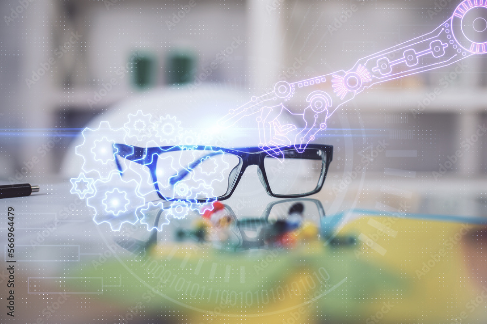 Aufkleber data tech hologram with glasses on the table background. concept of technology. double exposure.