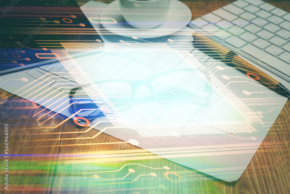 Aufkleber data tech hologram with glasses on the table background. concept of technology. double exposure.