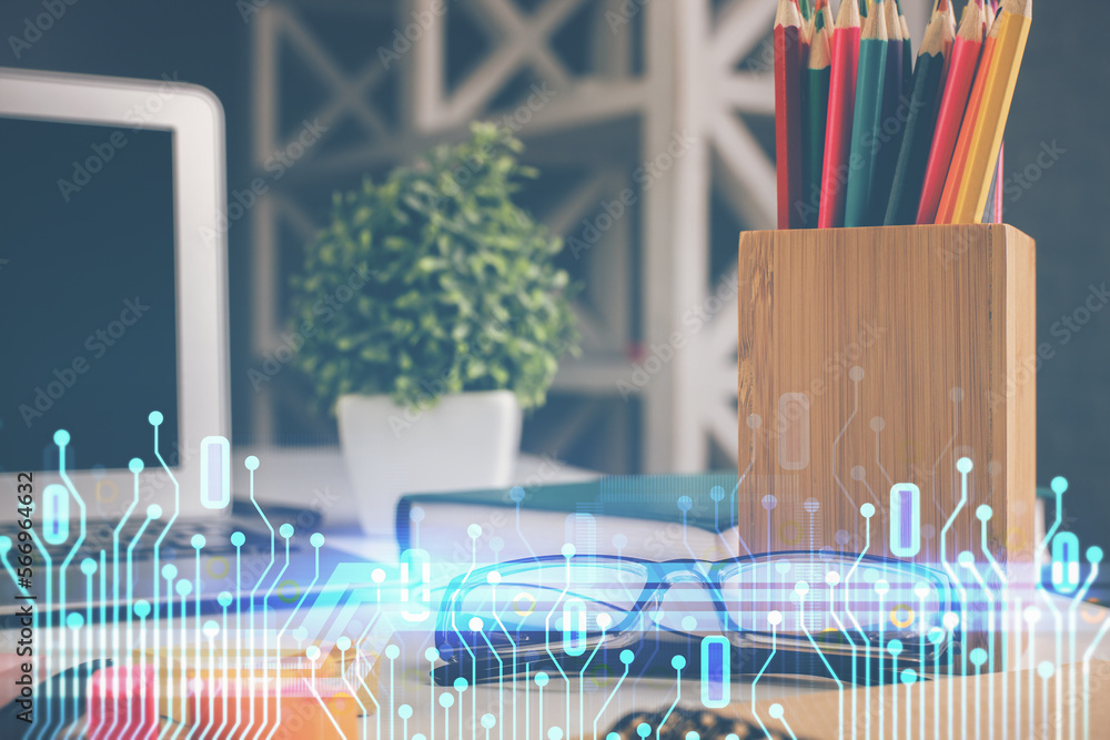 Poster data tech hologram with glasses on the table background. concept of technology. double exposure.