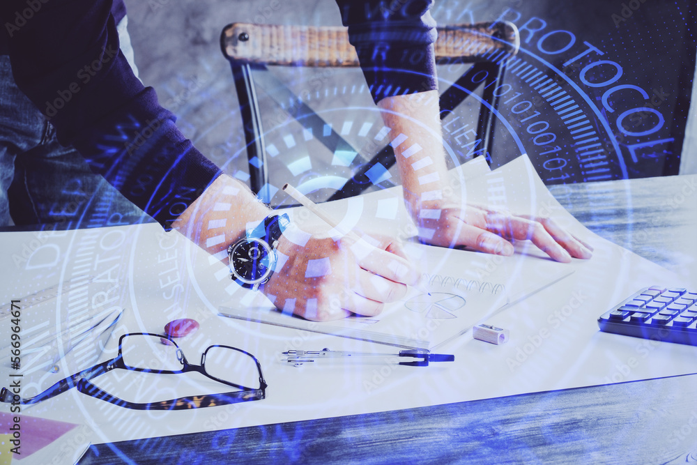 Poster writing man with technology icons. . double exposure. network and data concept.