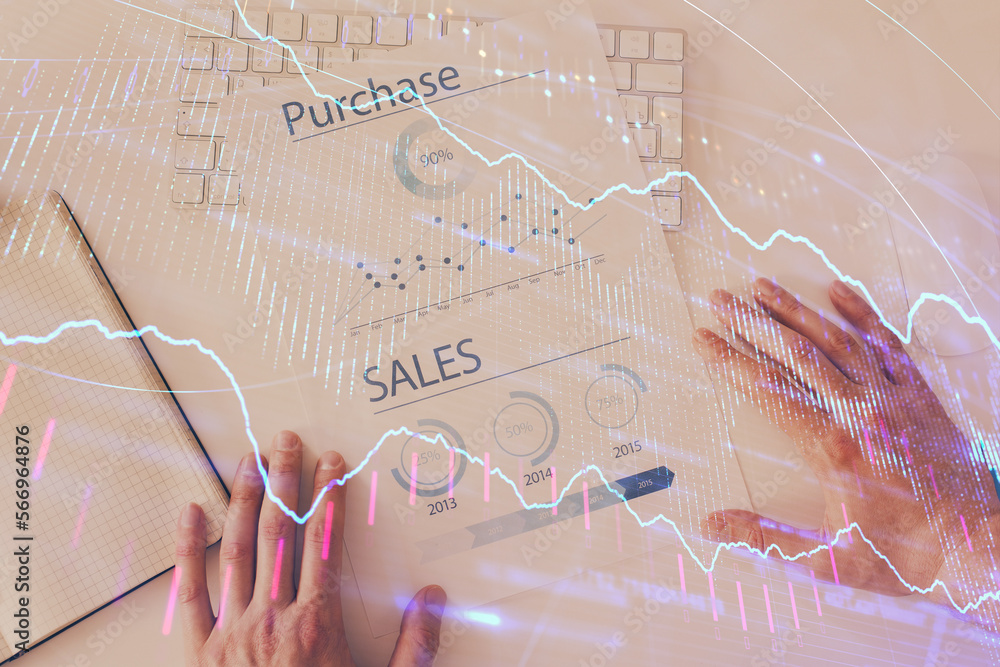 Poster FOREX chart multi exposure with work table background.