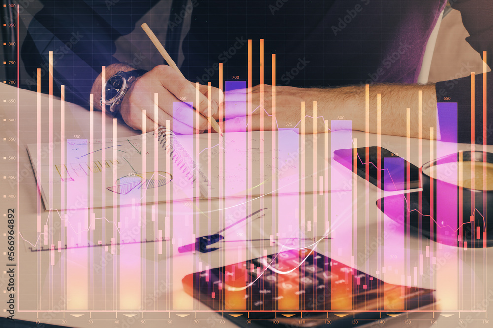Poster double exposure of man doing analysis of stock market with forex graph.