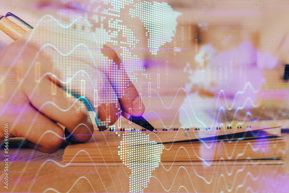 Poster double exposure of man doing notes of stock market with forex graph.